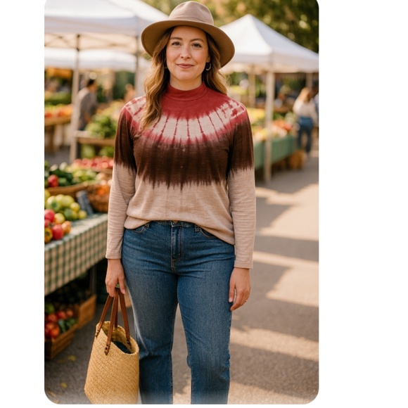 LOGO Lori Goldstein Tie Dye Mock Neck Long Sleeve T-Shirt Tan Red - Picture 1 of 12
